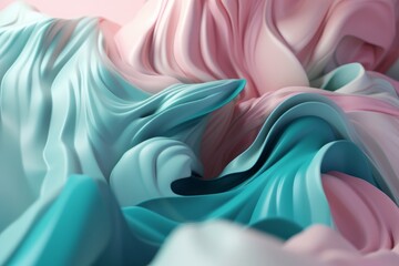 Wall Mural - Smooth Twisted Waves in Blush Pink & Turquoise Blue: An Industrial Design 3D Render in Unreal Engine 5 with Silk & Satin Textures, Generative ai