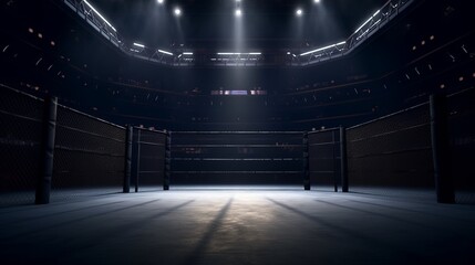 In the fighting cage. Interior view of sport arena with fans and shining spotlights, Generative AI