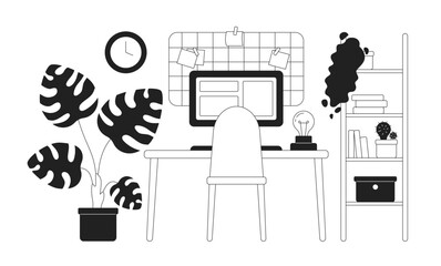 Aufkleber - aesthetic cozy workspace at home vector monochrome isolated spot illustration. flat black and white 