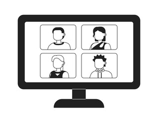 Fototapete - Computer monitor with online video meeting monochrome flat vector object. Editable black and white icon. Full sized element. Simple thin line art spot illustration for web graphic design and animation