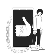 Poster - being chained to smartphone black and white concept vector spot illustration. editable 2d flat monoc