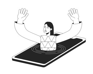 Poster - cell phone obsession black and white concept vector spot illustration. editable 2d flat monochrome c