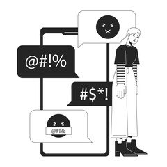 Poster - cyberbullying victim black and white concept vector spot illustration. editable 2d flat monochrome c