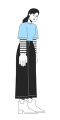 Poster - Depressed girl lowering head down linear flat color vector character. Editable figure. Full body person on white. Thin line cartoon style spot illustration for web graphic design and animation