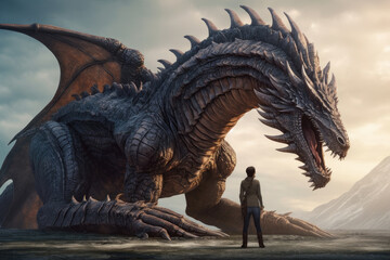 Wall Mural - Man stands in front of huge dragon. Legend of battle between brave warrior and monster. Fantasy game world. Created with Generative AI
