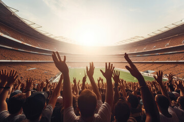 Crowded football stadium, wide angle view. People's silhouettes. Generative ai.