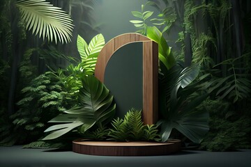 Poster - Generative AI of minimal display podium for product design. Dark green tropical jungle background.