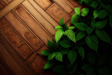 Poster - Generative AI of a green leaves on a wooden wall background.