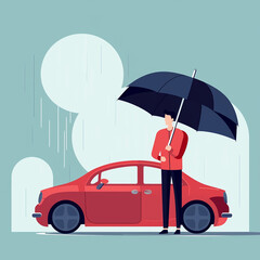 Car insurance. Person hides car under umbrella..