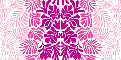 Wall Mural - Purple pink abstract background with tropical palm leaves in Matisse style. Vector seamless pattern with Scandinavian cut out elements.