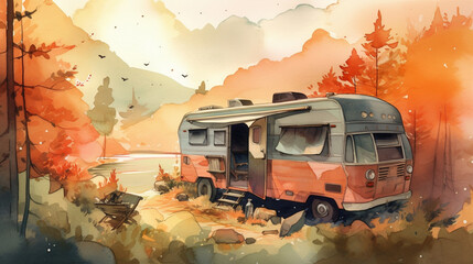 Canvas Print - Background camping truck Wallpaper watercolour lands Generative AI