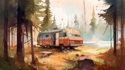 Poster - Background camping truck Wallpaper watercolour lands Generative AI