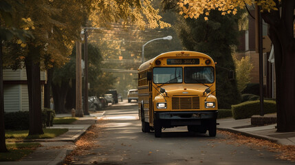 Wall Mural - A yellow school bus passing down the street Generative AI