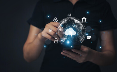 Poster - cloud technology and technology transformation concept Businessman holding smartphone digital cloud downloading and uploading data applications..