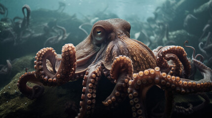 Sticker - A mystical octopus guarding a hidden underwater city Generative AI