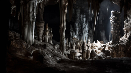 Sticker - A cave with stalactites and stalagmites total darkness Generative AI