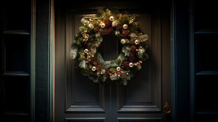 Poster - A Christmas wreath hangs on the door Generative AI