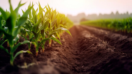 Organic maize farm or corn field seeding and plantign agriculture, sweet corn garden farmland , field in countryside plantation.