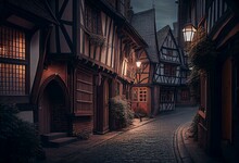A Medieval Street With Old Houses In The Evening. The Concept Of An Old Medieval Vintage City. Generative AI Art