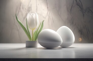 two stones with some tulips placed on top of them, in the style of realistic depiction of light, circular shapes, light white and light gray