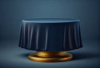 Round podium on dark blue background. Elegant silk fabric flow, falls to surface. 3d render illustration. Empty pedestal, stand for mockup products. Copy space on delicate gold. Generative AI