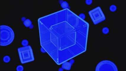 Poster - Black background with three-dimensional squares. Design. Small squares of blue shades rapidly rotating around themselves in abstraction.