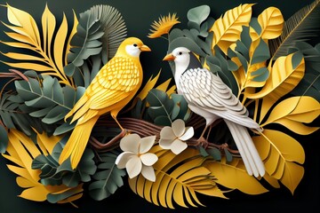 Wall Mural - Generative AI of yellow and white birds with tropical leaves on black background