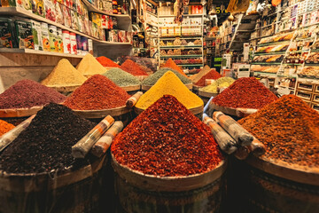 Egyptian bazaar with lots of spices, dry fruits and  tea, Istanbul, Turkey