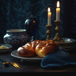 Jewish Challah Bread with Shabbat Candles, AI Generative