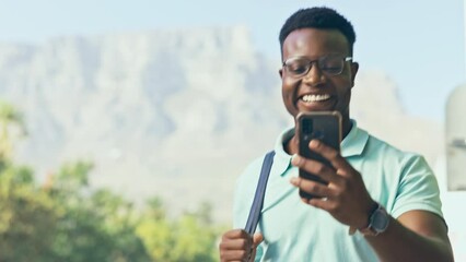 Wall Mural - Hello, video call and black man in a city walking, talking and happy while discussing negotiation. Smartphone, conversation and African businessman networking on commute, happy and positive in London