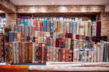 Multiple carpets at the Grand Bazaar in Istanbul, Turkey