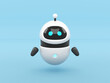 Cute white robot with screen face and blue eyes, 3d render isolated on white background, rounded bot assistant