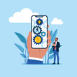 Businessman standing with smartphone and man running in gear cogs to spin time and money gears. Success long term investment. Modern vector illustration in flat style