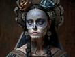 Day of the Dead skeleton woman painting Portrait of young redhead woman with Halloween sugar skull makeup Generative AI