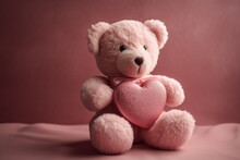 Valentines Day And Love Concept. Pink Fluffy Teddy Bear Holding Pink Heart. Generative AI