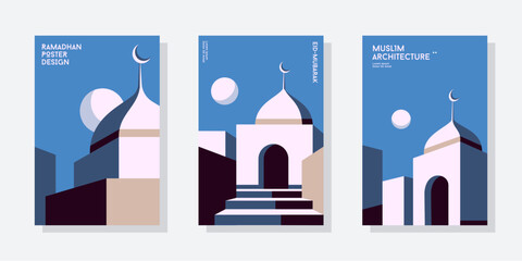 Minimal mosque architecture poster set collection. Vector Illustration Geometric style colorful Islamic Ramadan Kareem banner, poster design.