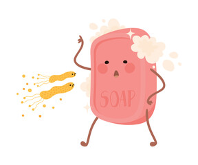 Sticker - Cute funny soap character and bacteria, microbe running away. Personal hygiene product, virus spread prevention cartoon vector illustration