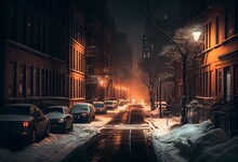 Street In New York City In Winter At Night. Generative AI