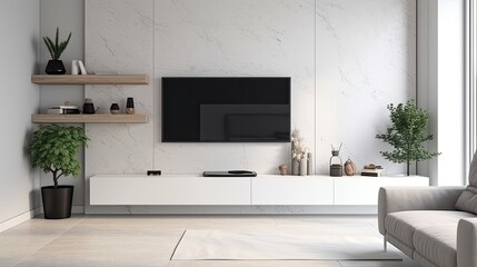 Wall Mural - Cabinet for TV on the white wall in living room with armchair, minimal design. generative ai