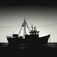 Silhouette Of Small Fishing Ship At Sea..