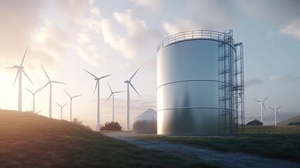 Hydrogen energy storage gas tank for clean electricity solar and wind turbine facility. generative ai