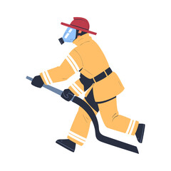 Sticker - Professional firefighter running with hose. Fireman character in uniform, mask and hat with rescue equipment. Rescue emergency service in action cartoon vector illustration