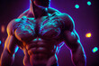 Sportive man bodybuilder is posing in the colorful neon light with naked muscular torso showing chest, abdominal muscles in neon studio light. High quality illustration