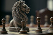 The Royal Lion King chess pieces on a chess board, winner of bussiness and successfully, management or leadership strategy and teamwork concept. Generative Ai