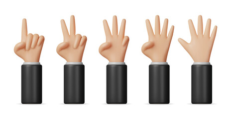 Poster - 3D Set of Hands Shows Fingers Isolated. Render Cartoon Hands Counting from One to Five Numbers. Hands Gesture Collection, Body Language, Emoji Icon. Vector Illustration