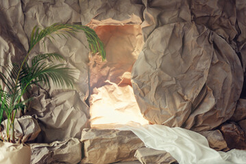 Wall Mural - Christian Easter concept. Jesus Christ resurrection. Empty tomb of Jesus with light. Born to Die, Born to Rise. He is not here he is risen. Savior, Messiah, Redeemer, Gospel. Alive. Miracle