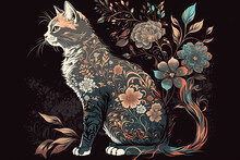 Floral Pattern Cat. Cat In Flowers. AI Generation