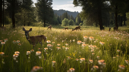 Wall Mural - An idyllic meadow with wildflowers and grazing deer Generative AI