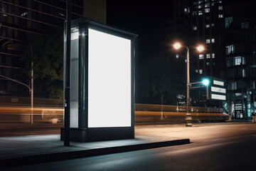 Blank white vertical digital billboard poster on city street bus stop sign at night. AI generated