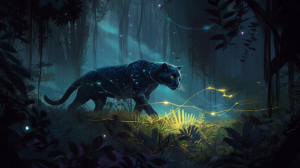 Canvas Print - A mystical panther stalking through a forest filled Generative AI